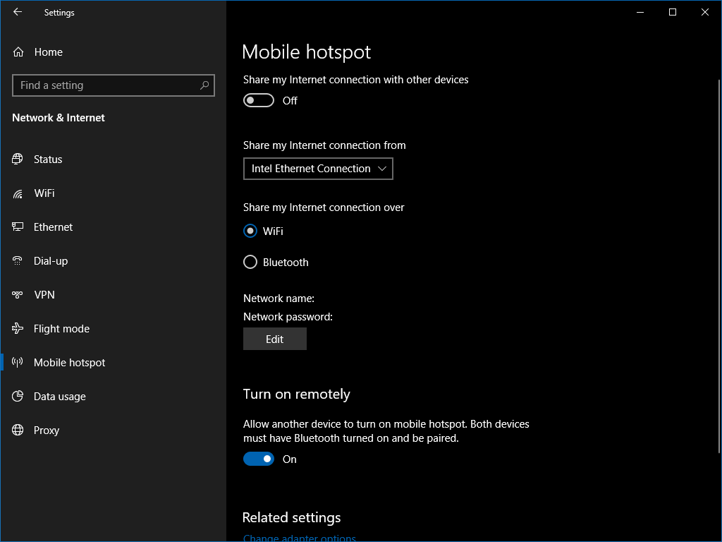 Screenshot of setting up a Wi-Fi hotspot in Windows 10