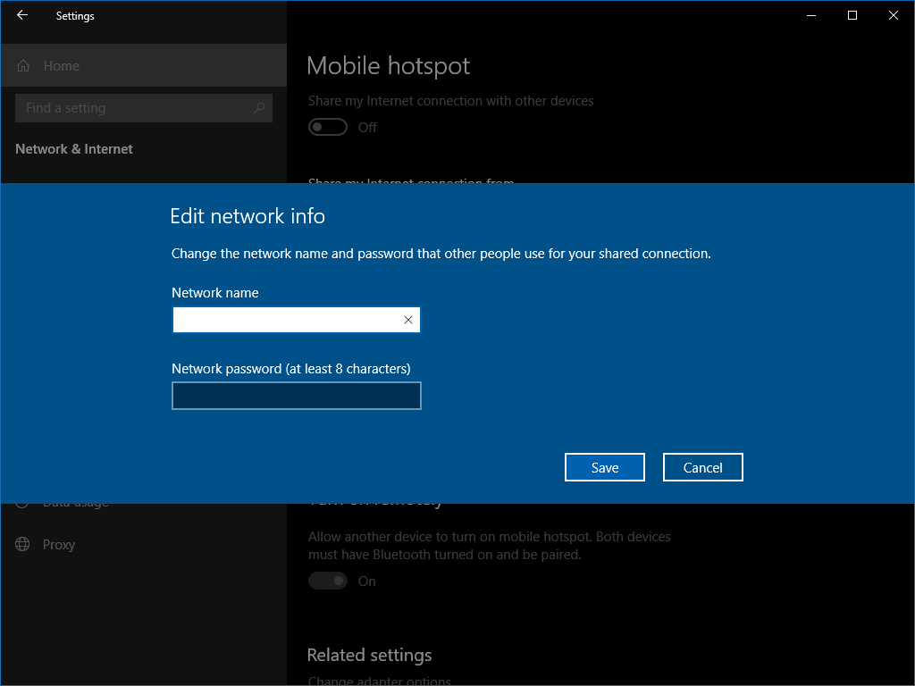 Screenshot of setting up a Wi-Fi hotspot in Windows 10