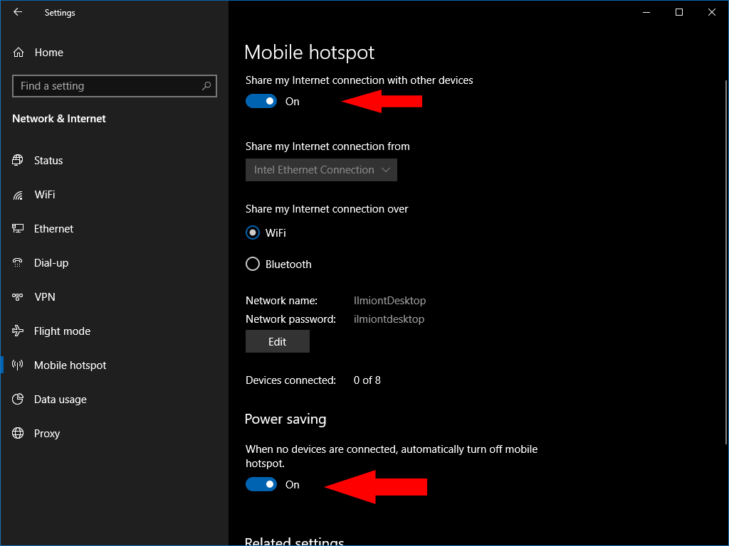 Screenshot of setting up a Wi-Fi hotspot in Windows 10