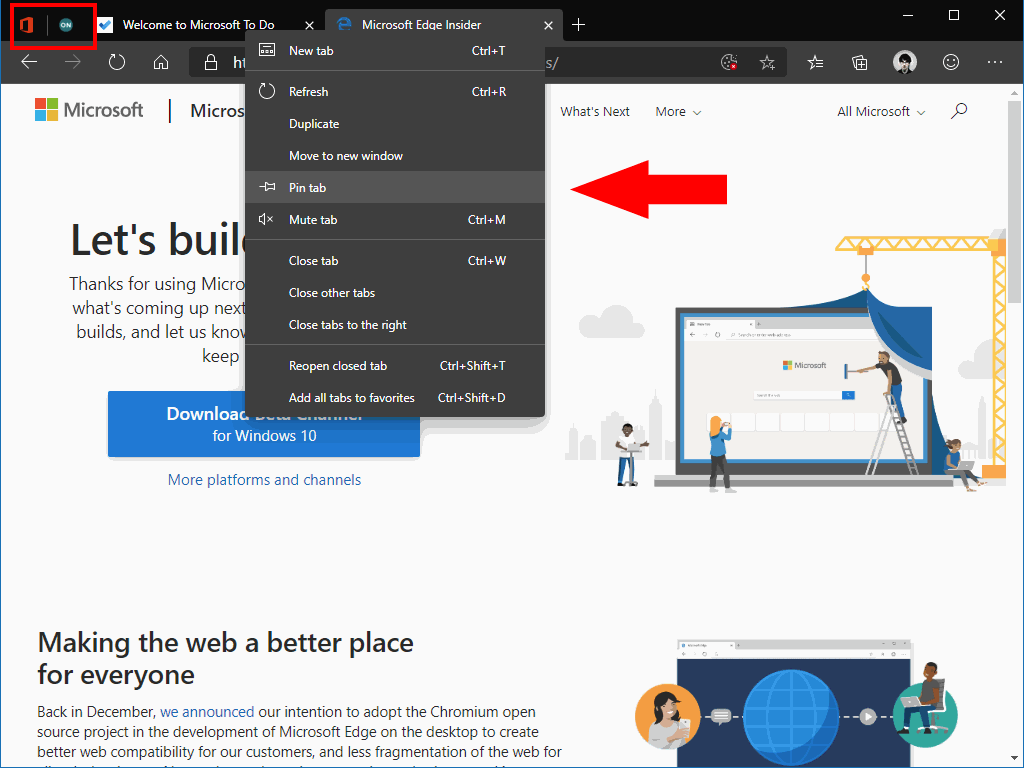 Pinned tabs in Microsoft Edge Insider