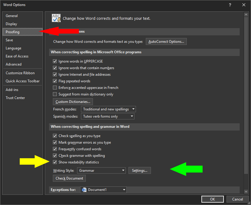 Proofing settings in Office