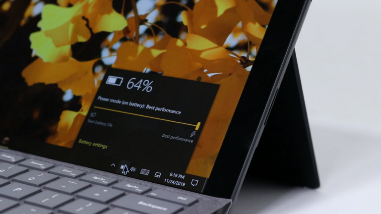 Surface Pro 7 battery taskbar flyout