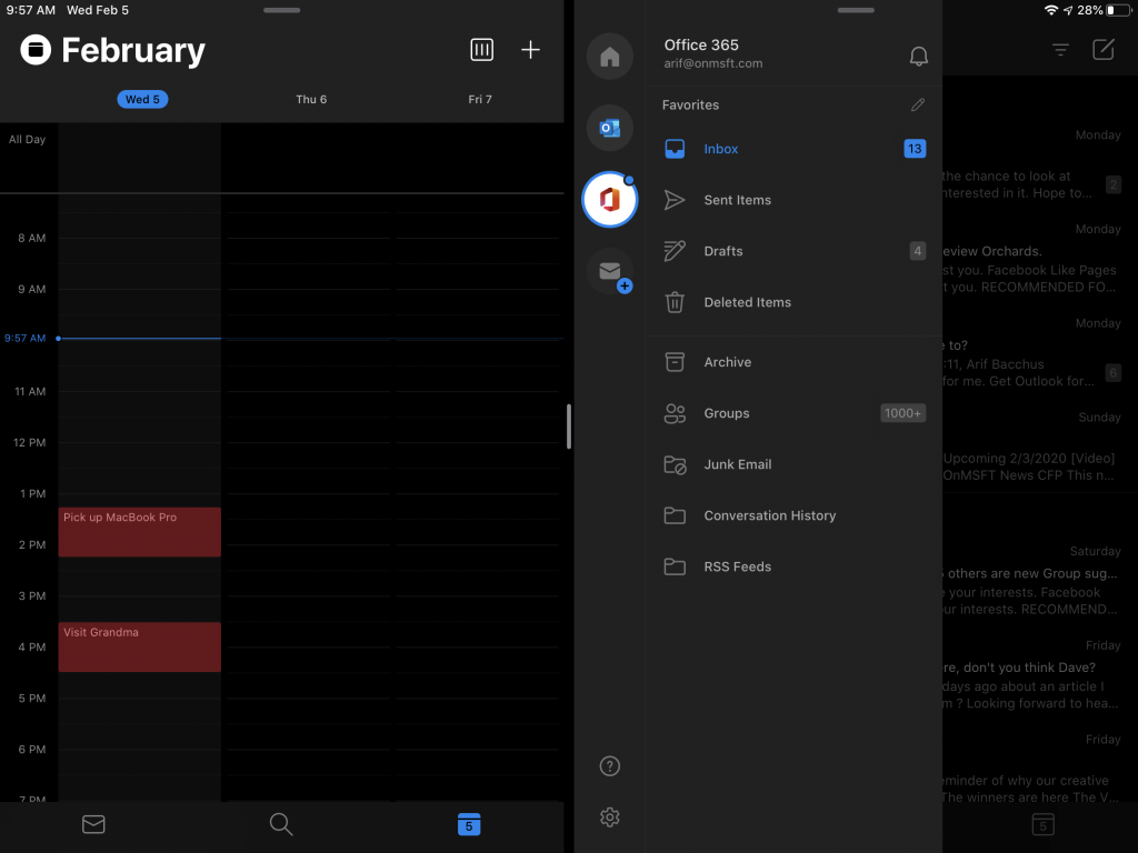 Hands on with the surface duo-like multitasking features in the outlook app on ipados - onmsft. Com - february 5, 2020