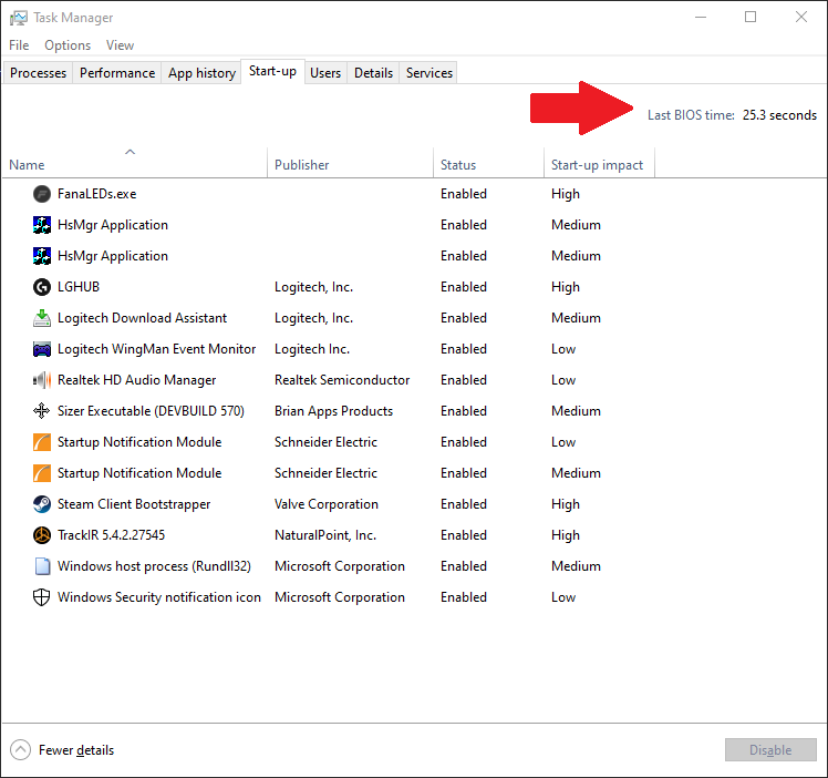 Last BIOS time in Windows 10's Task Manager