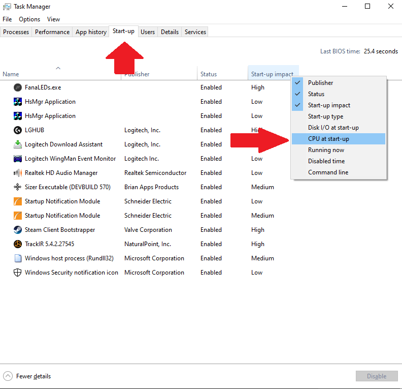 Checking startup app CPU time in Windows 10