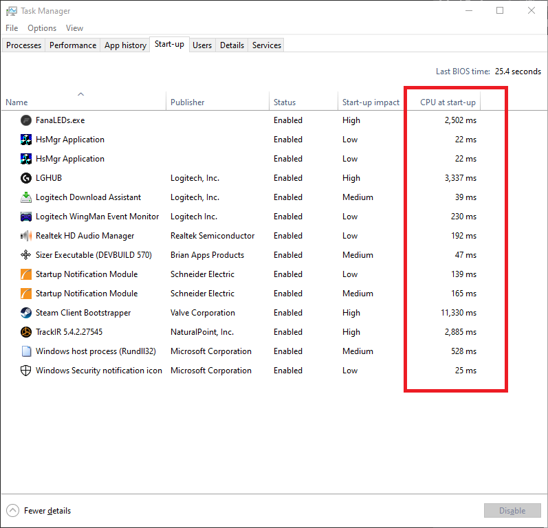 Checking startup app CPU time in Windows 10