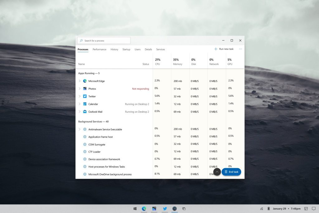 This concept gives the Windows 10 Task Manager a clean new look inspired by Fluent Design - OnMSFT.com - February 3, 2020