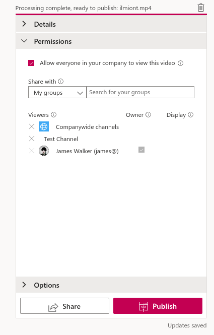 Screenshot of sharing videos using Microsoft Stream