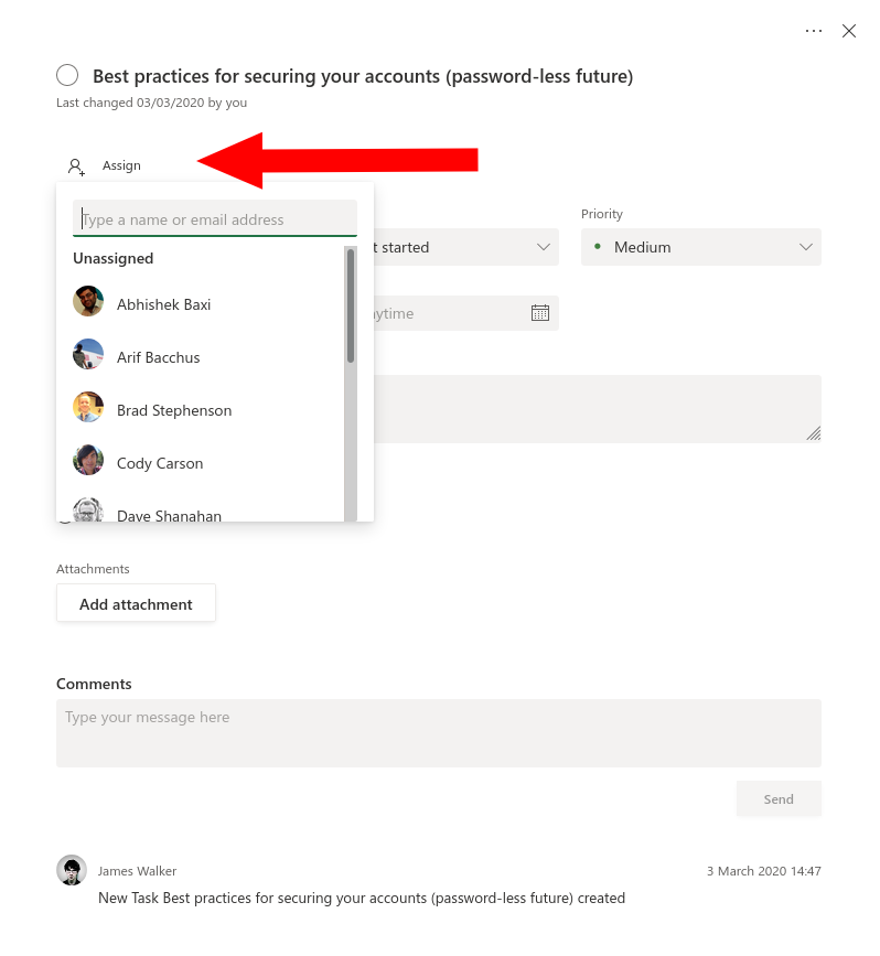 Screenshot of assignees in Microsoft Planner