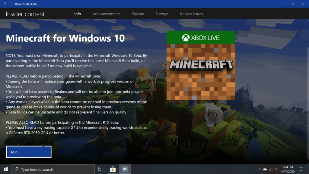 Minecraft for Windows 10 Beta