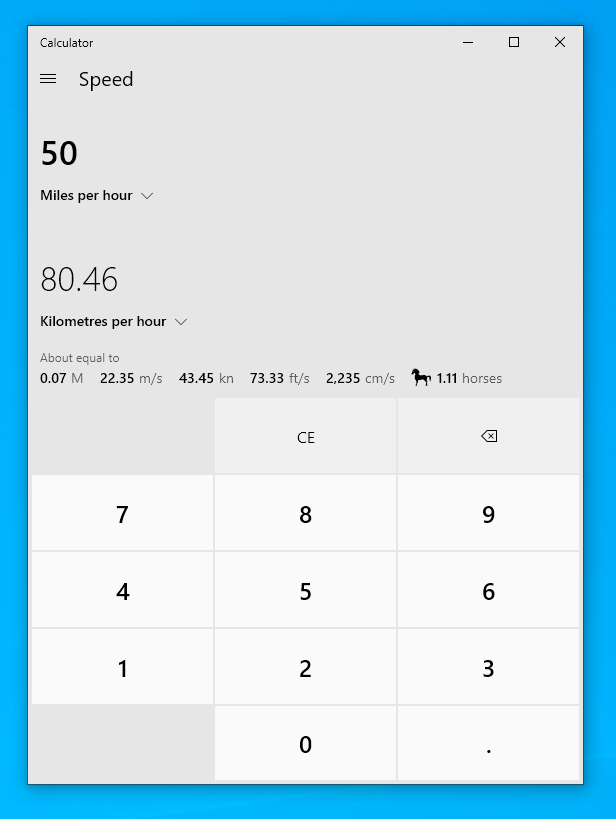Unit conversions in Calculator on Windows 10