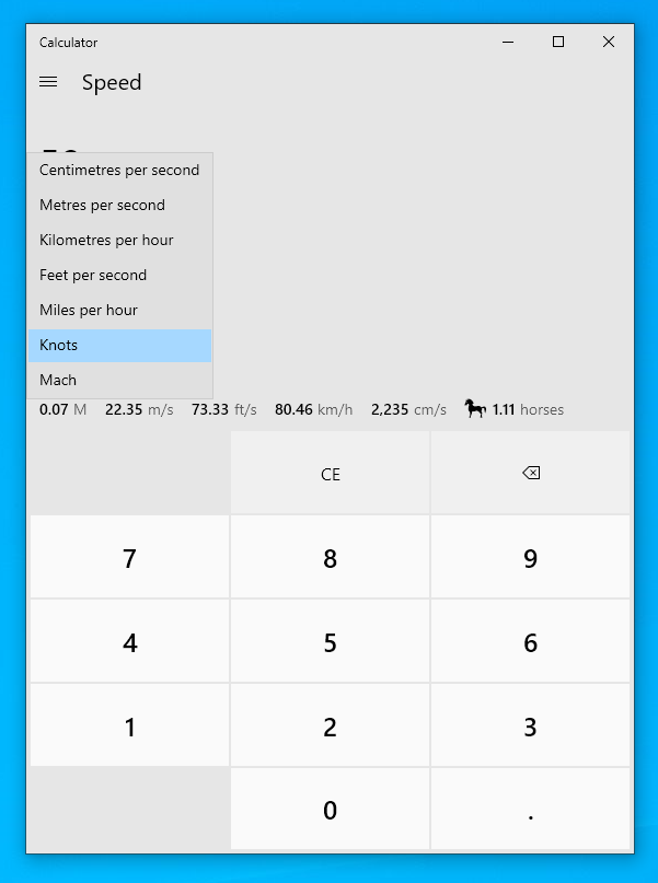 Unit conversions in Calculator on Windows 10