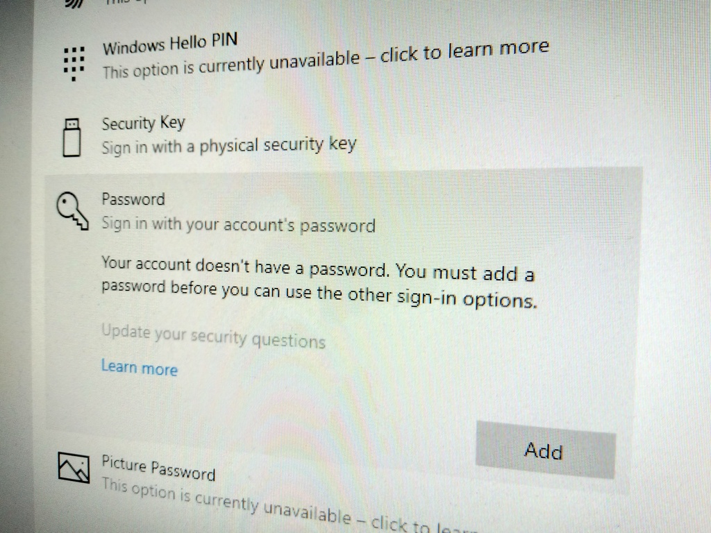 Windows 10 password settings