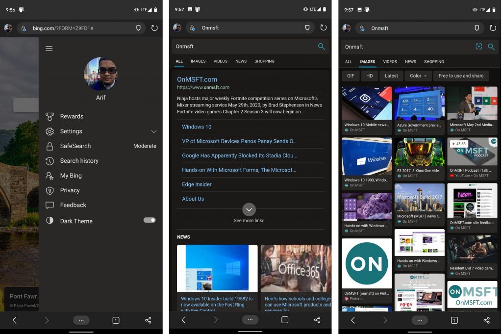 Bing gets a new dark mode on mobile and new Microsoft Rewards flyout menu, too - OnMSFT.com - June 4, 2020