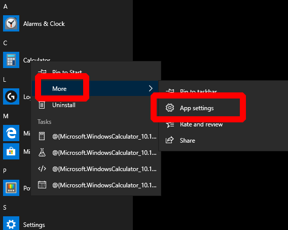 Screenshot of app's Start menu context menu in Windows 10 with More > App Settings highlighted