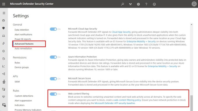 enable Microsoft Defender ATP web content filtering tool