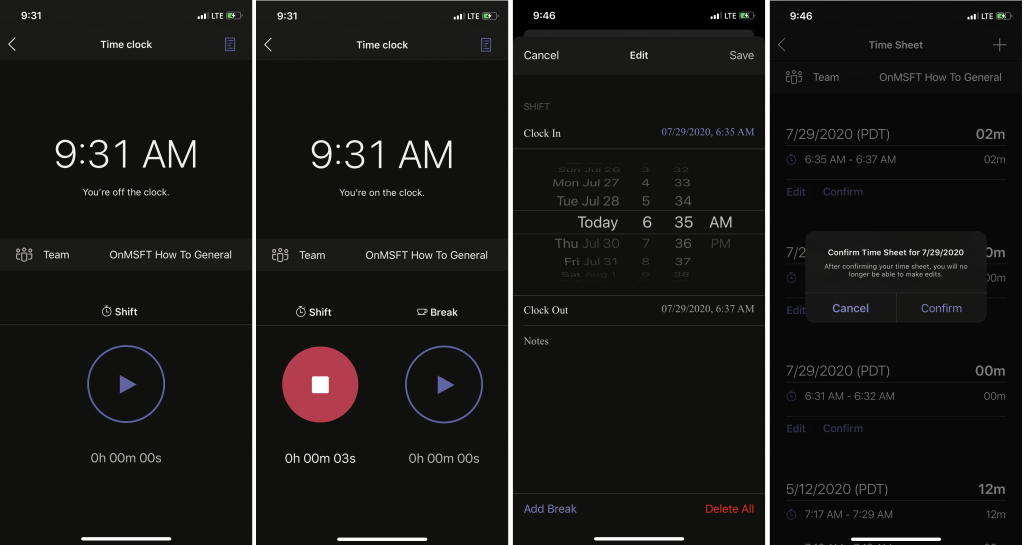How to use the Time Clock in Shifts in Teams on iOS and Android - OnMSFT.com - July 29, 2020