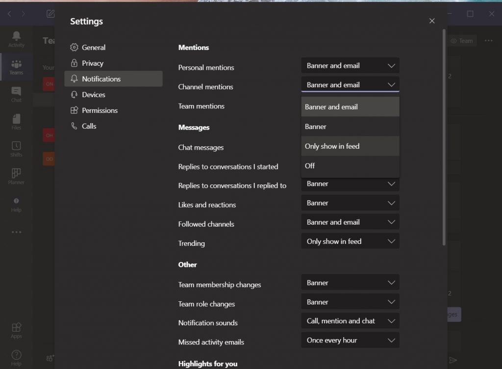 teams channel notification settings