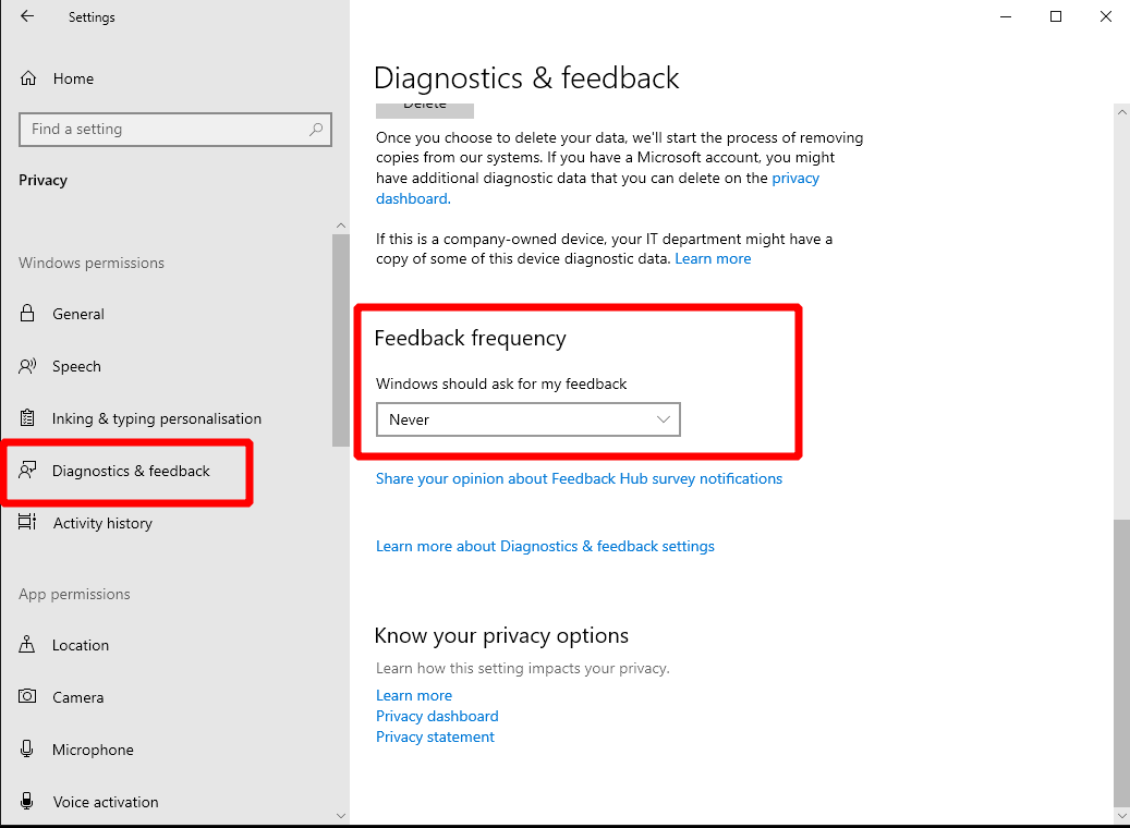 Screenshot of disabling Windows 10 tips, tricks and feedback notifications