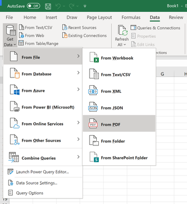 Screenshot of importing PDF table data into Excel