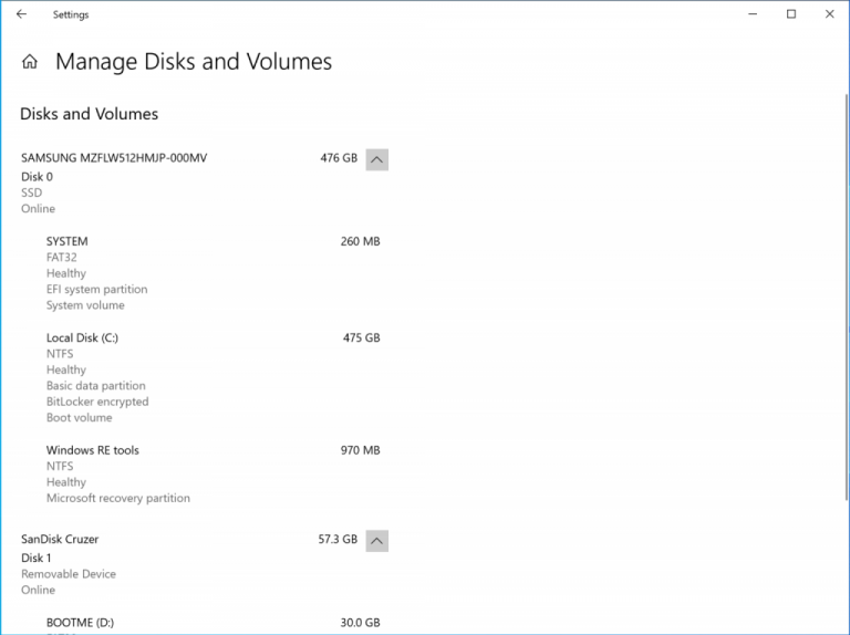 Windows 10 Settings Manage Disks