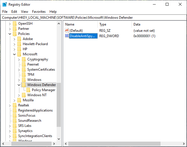 Microsoft Defender Registry Key