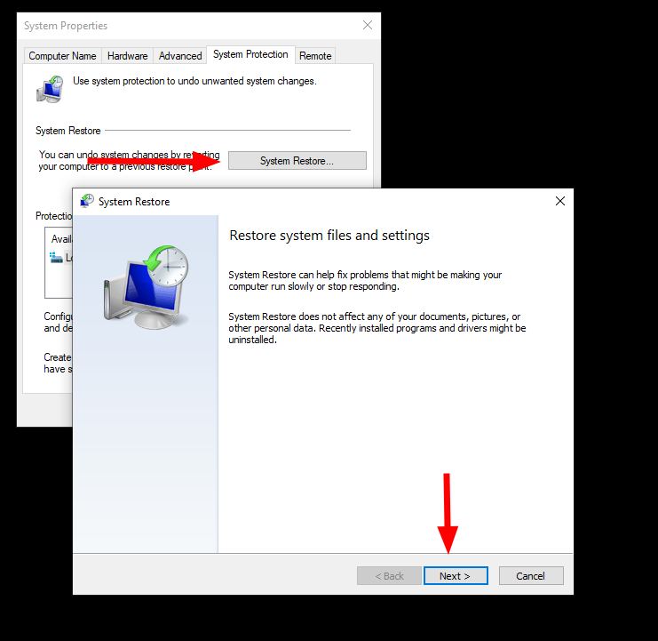 Screenshot of System Restore in Windows 10