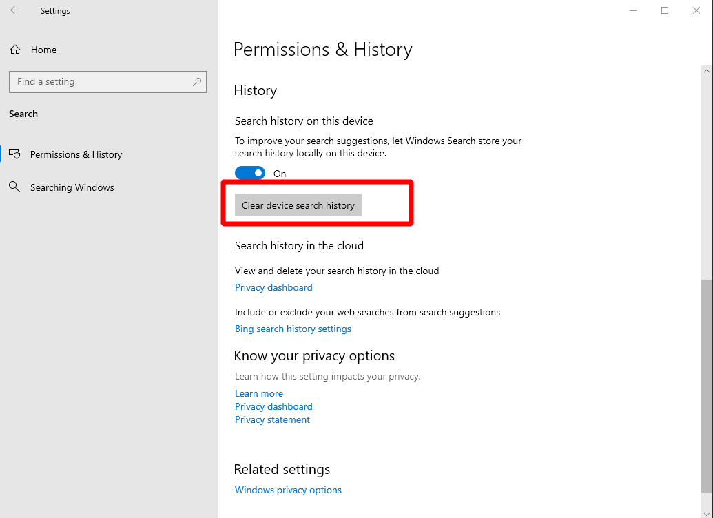 Screenshot of search history settings in Windows 10