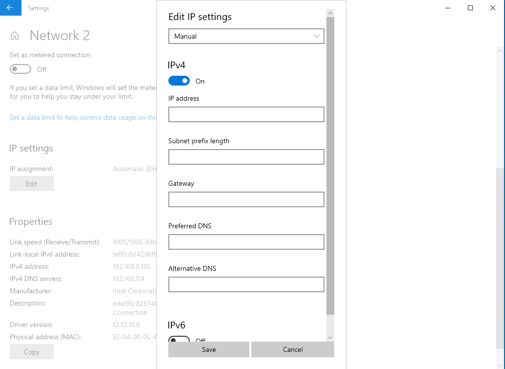 Screenshot of setting a static IP address in Windows 10