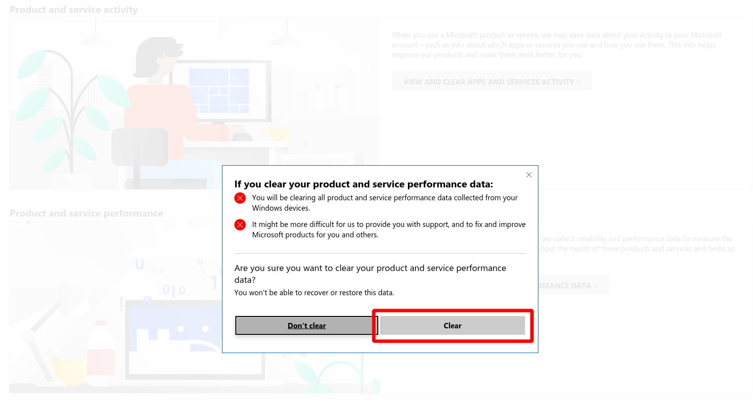 Screenshot of clearing performance data from Microsoft account