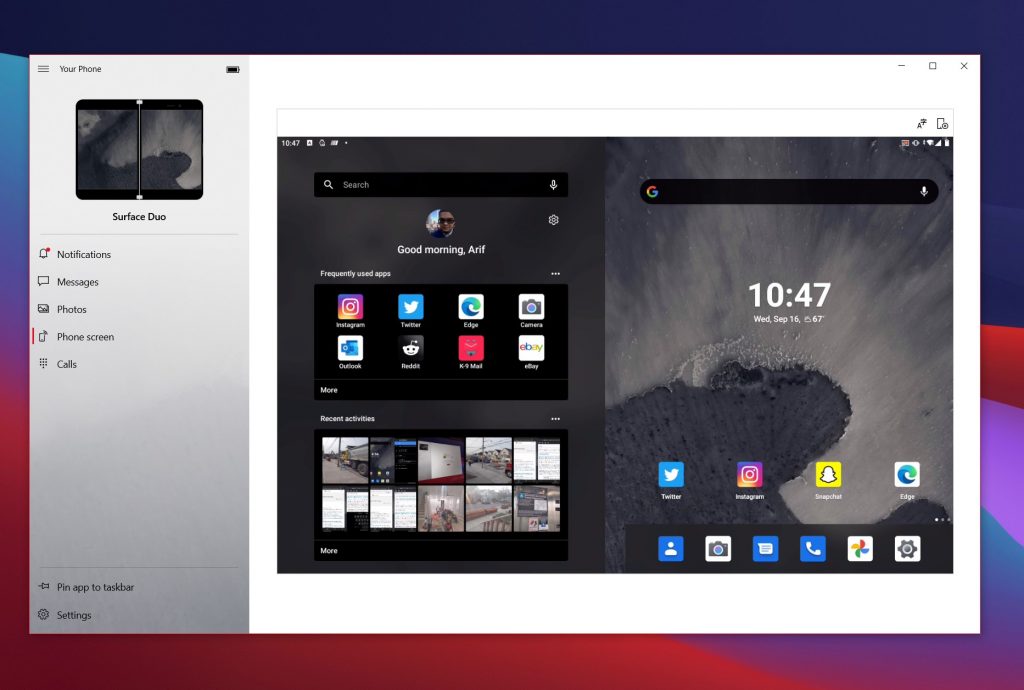 Windows 10 your phone phone screen surface duo