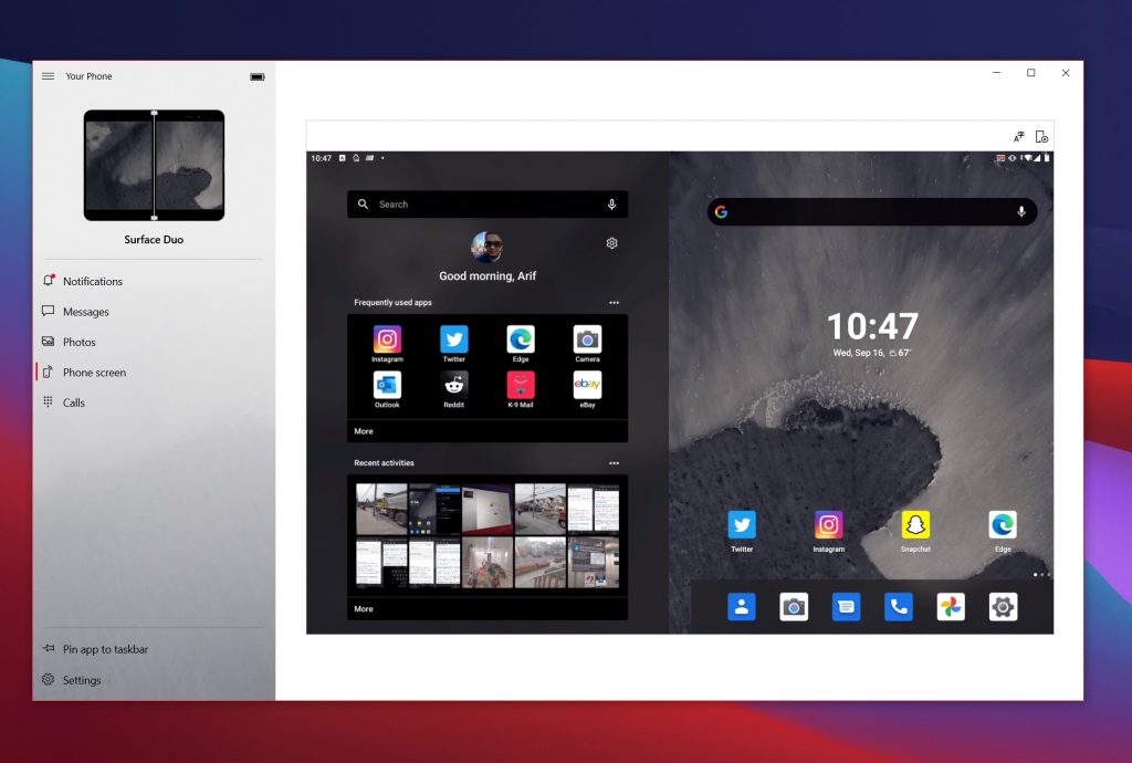 Windows 10 Your Phone Phone Screen Surface Duo