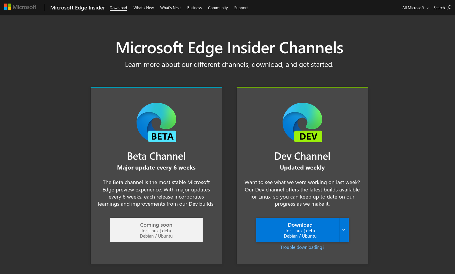 Screenshot of Microsoft Edge Linux download links