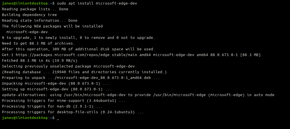Screenshot of installing Microsoft Edge Dev on Ubuntu