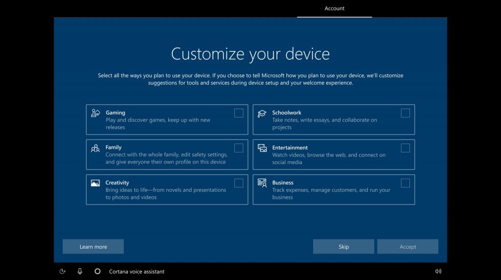 Windows 10 Build 20231 new customization options during OOBE experience