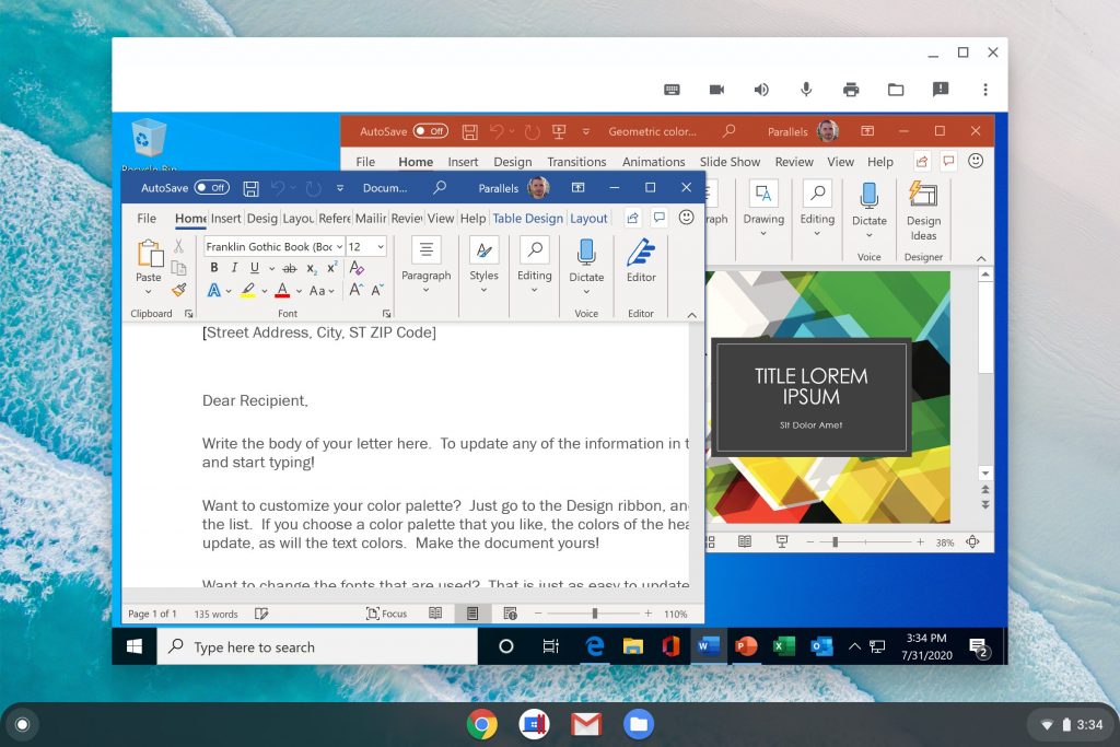 Microsoft Office For Windows With Word And Powerpoint Apps Running On Chrome Os In Parallels Desktop For Chromebook Enterprise