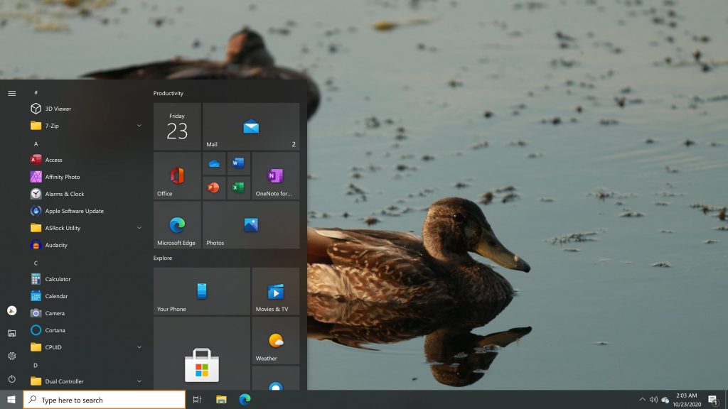 Windows 10 Start Menu as it appears in the Windows 10 October 2020 Update