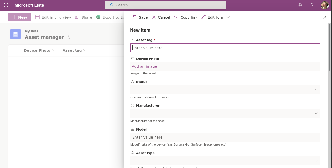 Screenshot of Microsoft Lists form