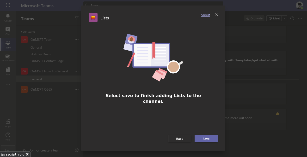 Screenshot of adding Microsoft Lists to Microsoft Teams