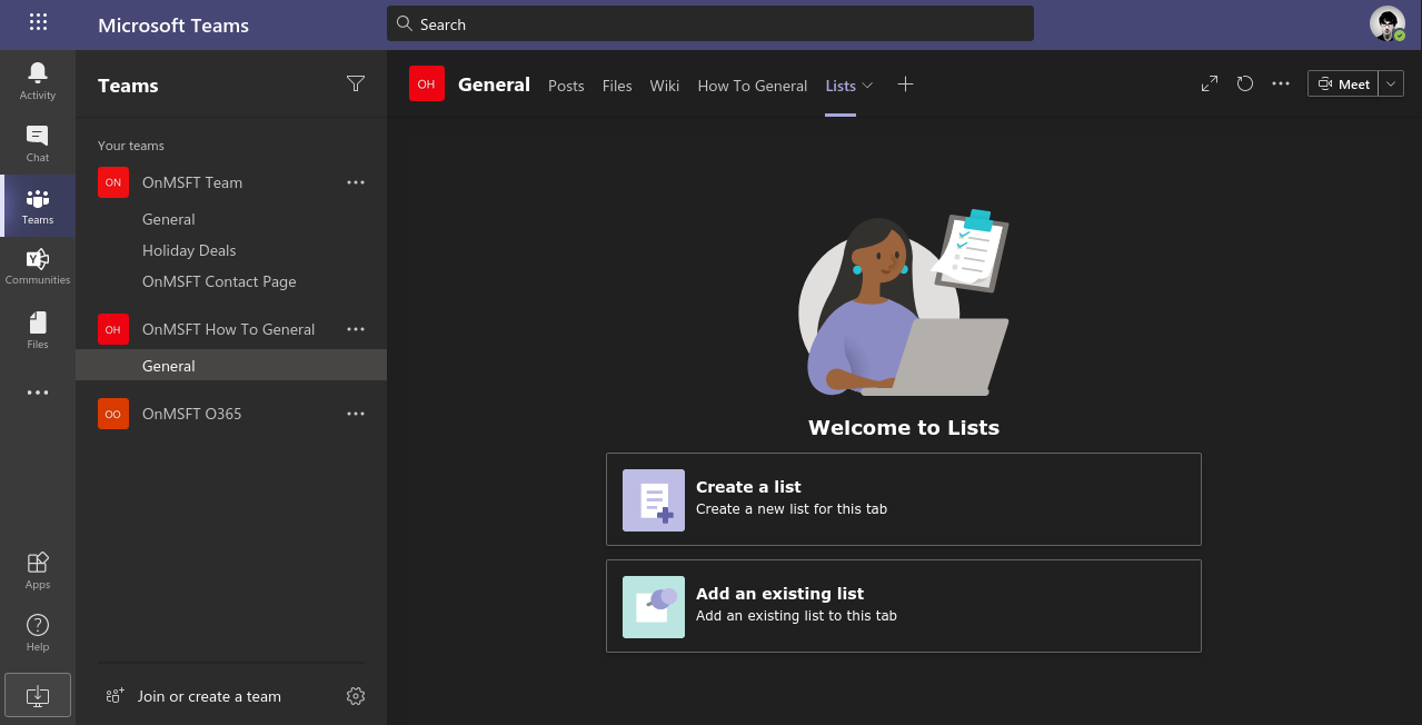 Screenshot of adding Microsoft Lists to Microsoft Teams