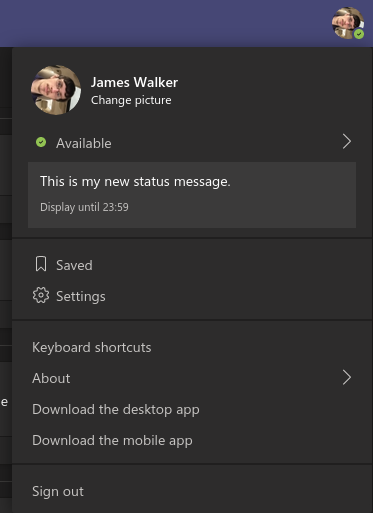 Screenshot of setting a status message in Microsoft Teams