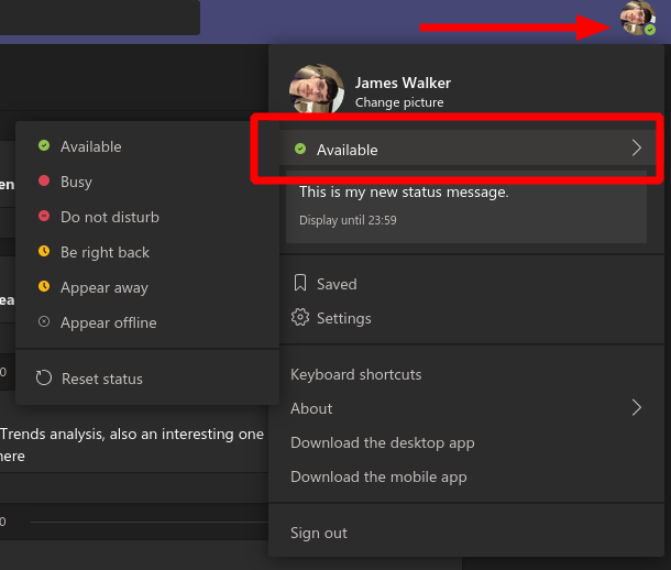 Screenshot of changing presence status in Microsoft Teams