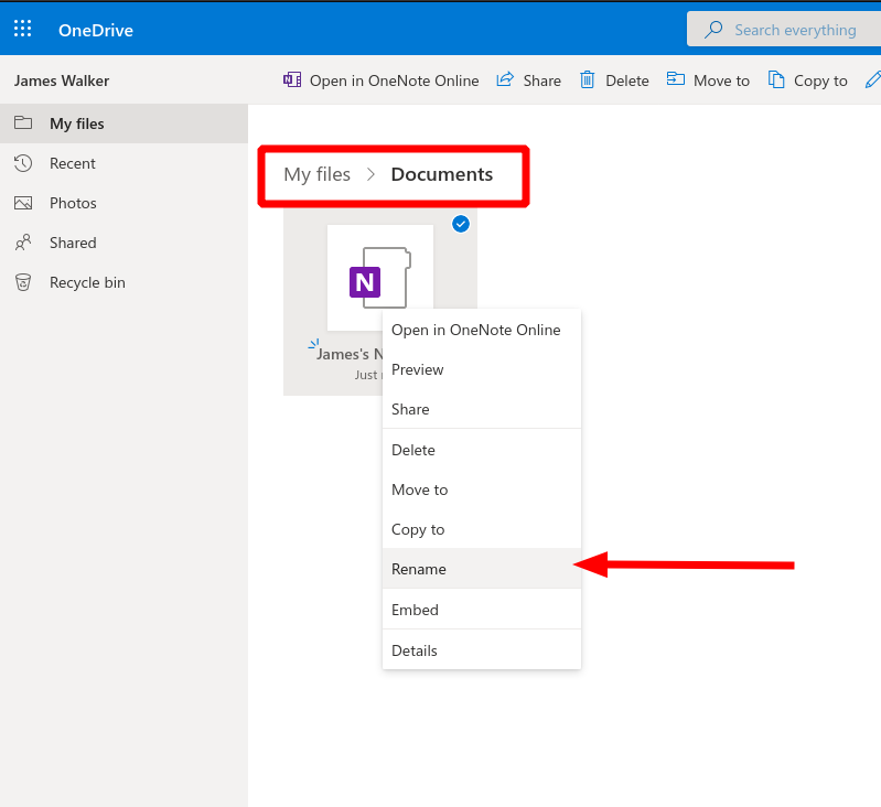 Screenshot of renaming a OneNote notebook via OneDrive