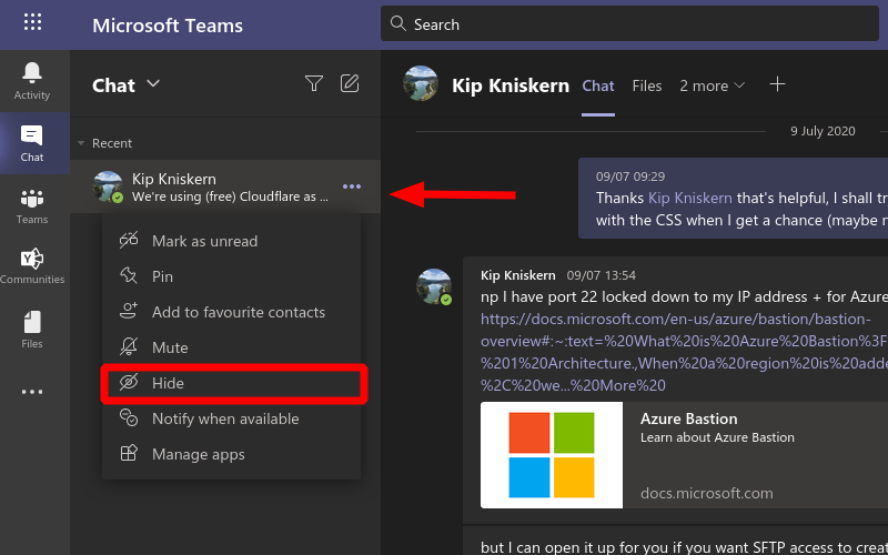 Screenshot showing how to hide a chat in microsoft teams