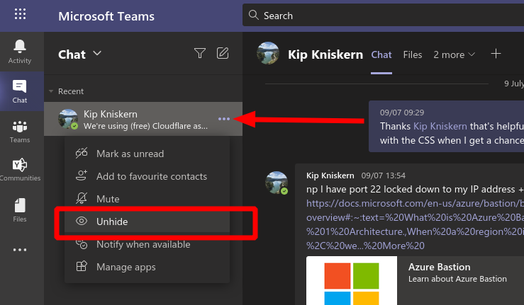 Screenshot showing how to unhide a chat in microsoft teams