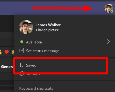 Screenshot of accessing saved messages in Microsoft Teams
