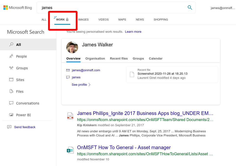 Screenshot of using Microsoft Search in Bing to find work data