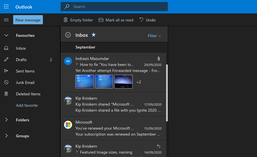 Outlook web app screenshot