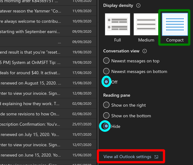 Screenshot of display settings in Outlook web app