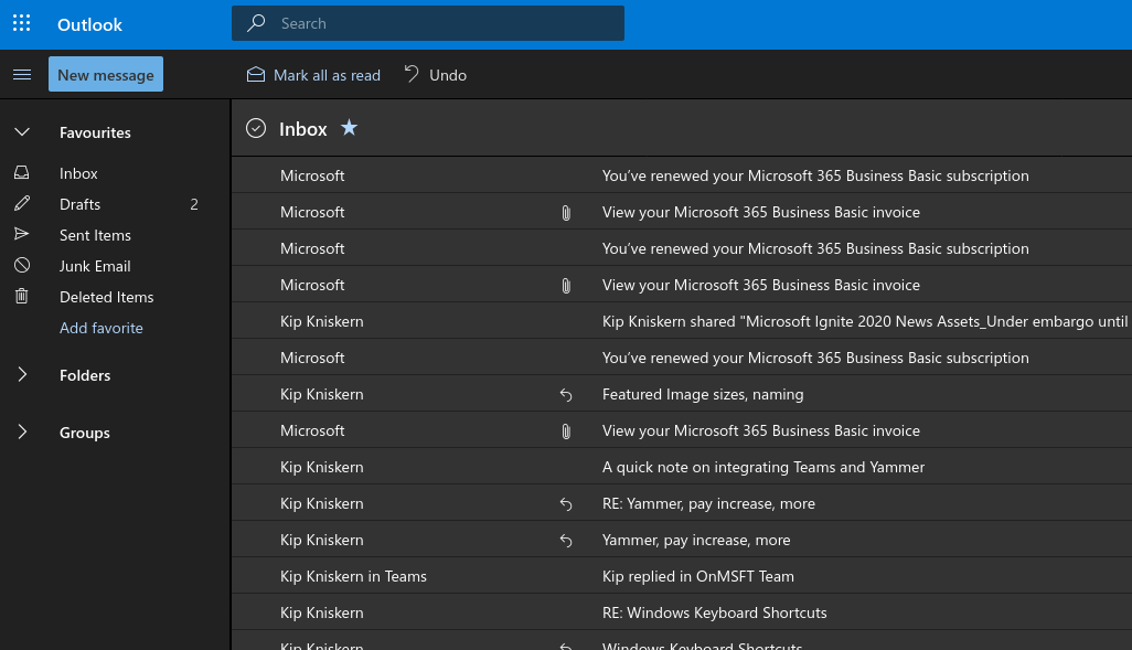 Screenshot showing Outlook web app compact message list